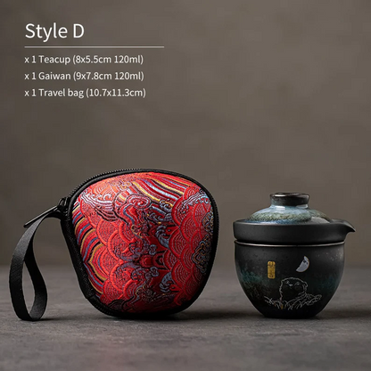 Embersceramic Cute Cat Ceramic Tea Cups and Sets Travel Tea Set with Bag