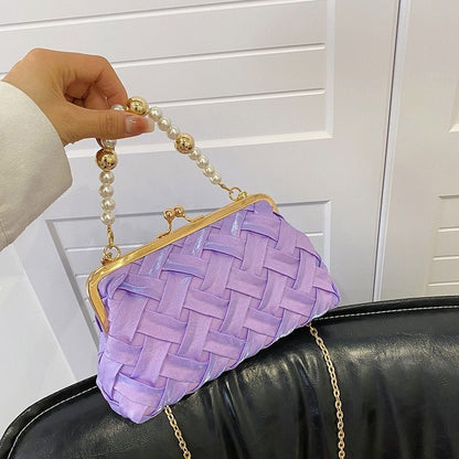 Luxury Shoulder Bag Fashion Pearl Chain Handbag Ribbon Weave Purse Crossbody Bag
