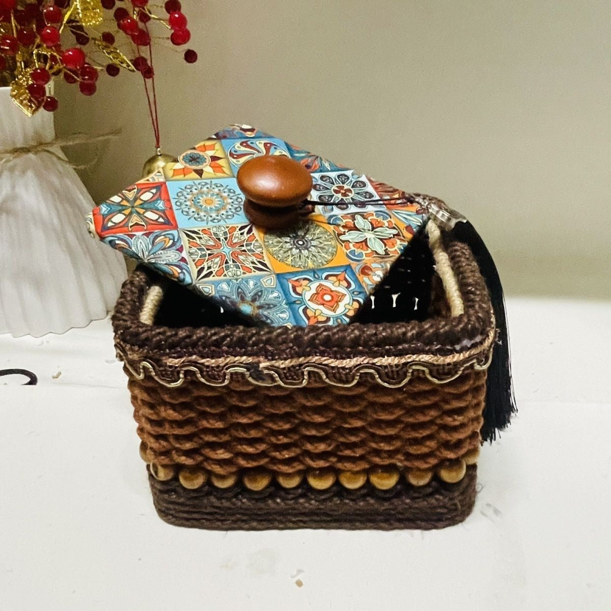 Handwoven Hemp Rope Jewelry Box Vintage Boho Tassel Storage 14×9cm