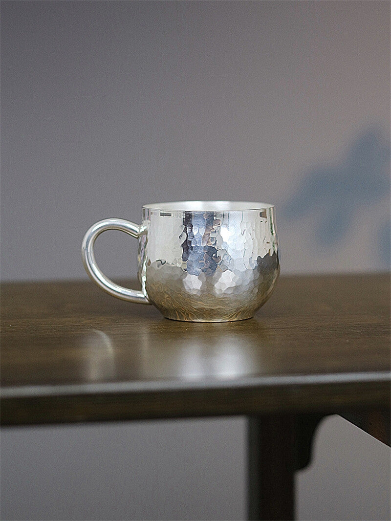 Pure 999 Silver Tea Cup Hammer Pattern Water Cup Tea Cup With Handle 87g 100ml