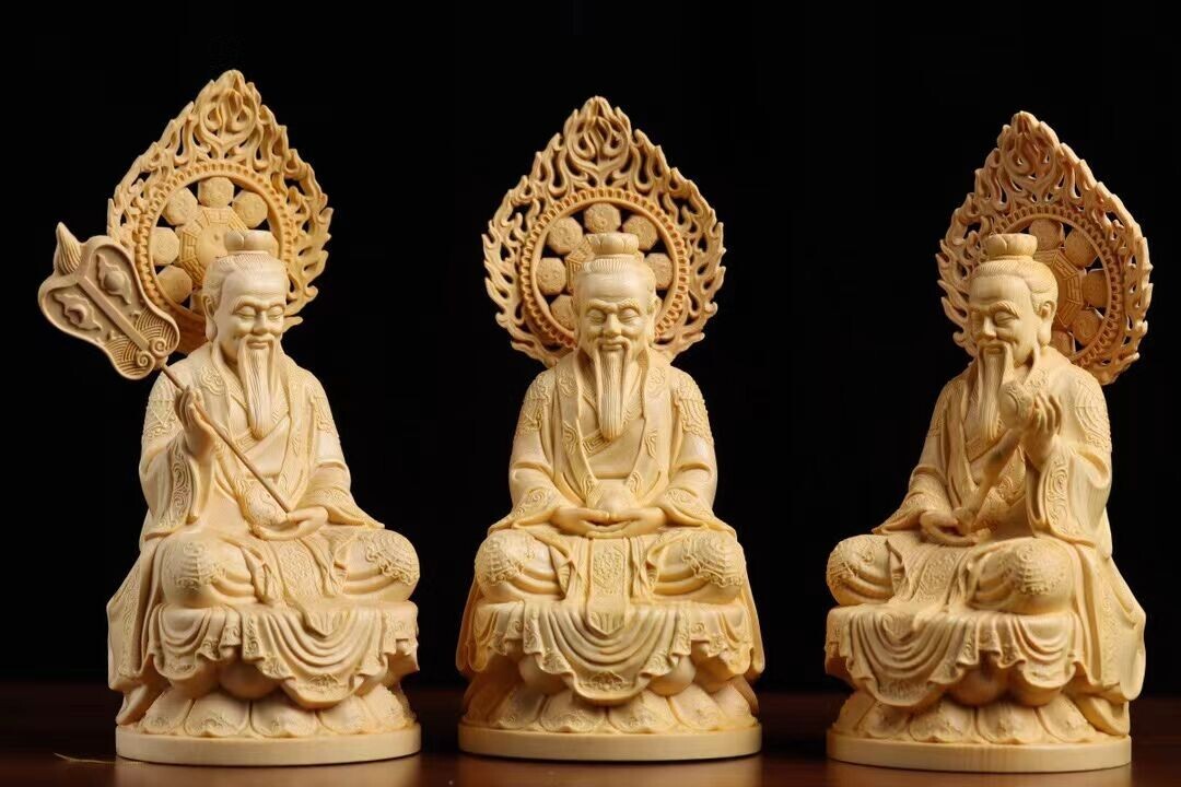 1Set 3Pcs Cypress Boxwood Wood Hand Carved Taoist Sanqing Statue