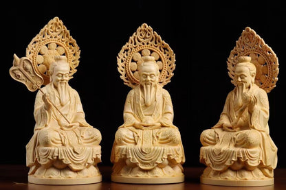 1Set 3Pcs Cypress Boxwood Wood Hand Carved Taoist Sanqing Statue