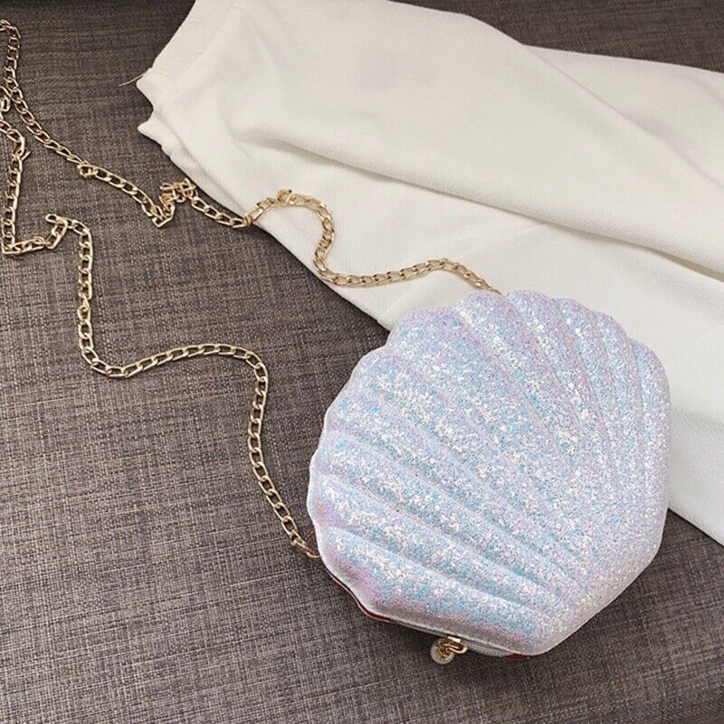 Women Girls Little Mermaid Seashell Purse -Body Shoulder Bags Sequins Chain Puf