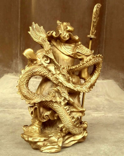 9 Chinese Bronze Brass Guangong Guan Gong Yu Warrior God on Dragon Wealth Statue