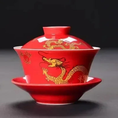Longjing Sancai Tea Cup Retro Chinese Style Covered Bowl Large Dragon 200ml