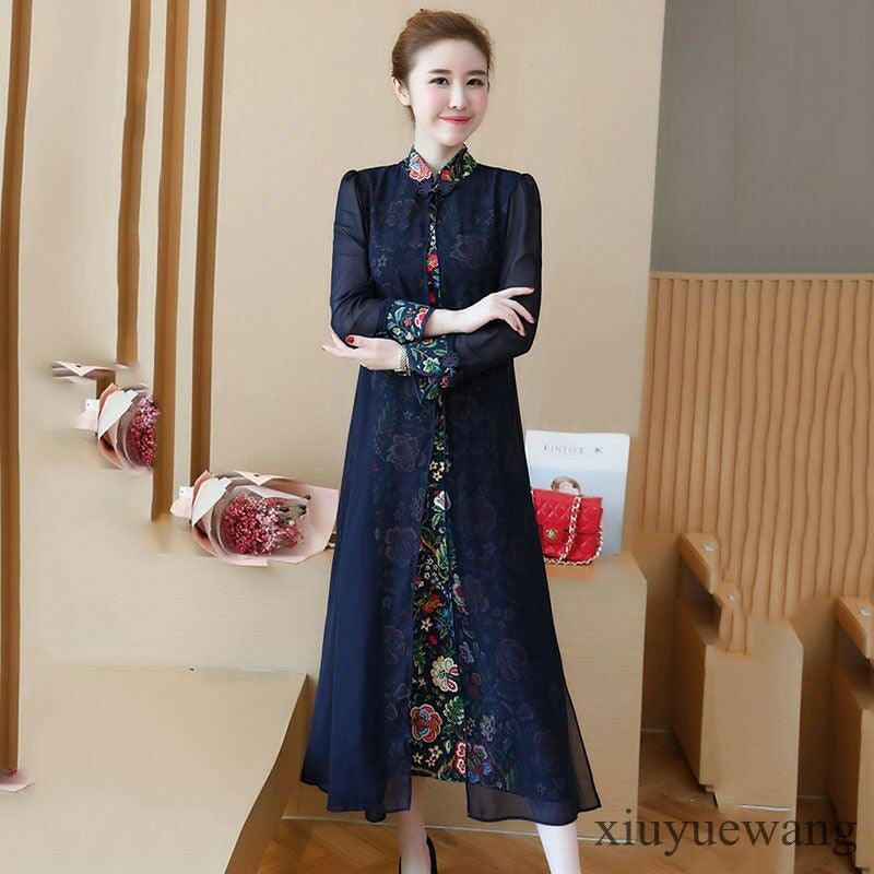 Elegant retro womens floral Ethnic style Slim qipao cheongsam long sleeve dress