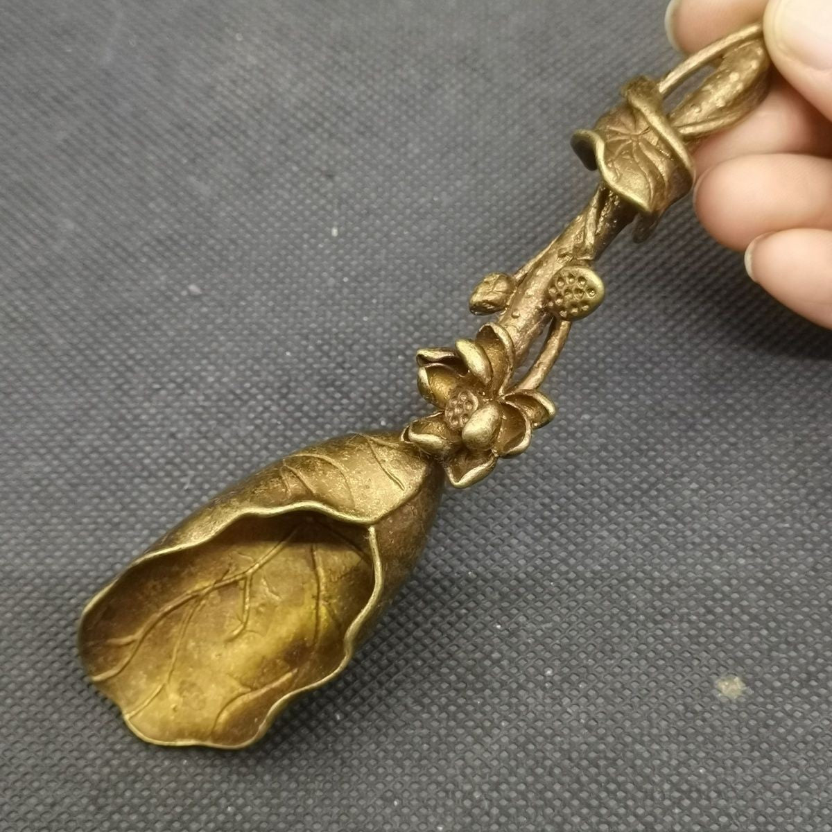 Vintage Brass Tea Spoon Lotus Leaf Flower Carved Tea Ceremony Scoop