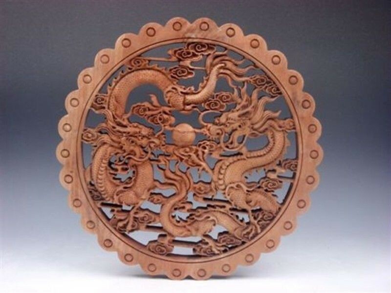 Hand Carved Camphor Wood Round Plate Wall Sculpture Dragon Statue