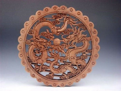 Hand Carved Camphor Wood Round Plate Wall Sculpture Dragon Statue