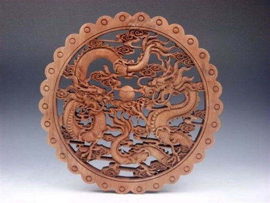 Hand Carved Camphor Wood Round Plate Wall Sculpture Dragon Statue