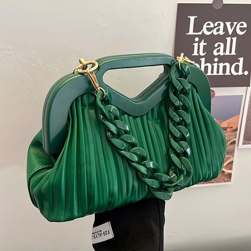 Handbag Thick Chain Handle Pleated Shoulder Bag Women Clutch Purses Crossbody