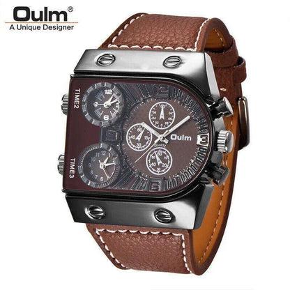 Reloj De Pulsera Grande Cuarzo Multi-zona Correa De Cuero Deportes Para Hombres