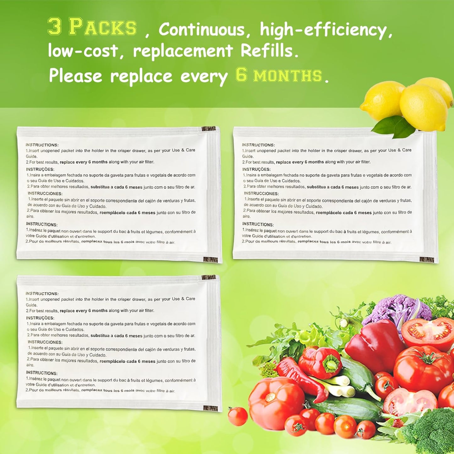 3 Pack PK-1 Produce Saver Refills for Frigidaire Pure Air Produce Keeper FRPAPKR
