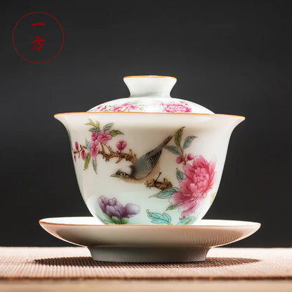 Chinese Gaiwan Ceramic Tea Bowl with Saucer, Handmade Hand-painted Tea Set
