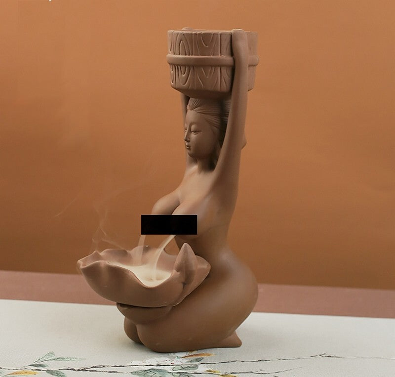 Chinese Zisha Backflow Incense Burner Statue Naked Beauty Girl Home Decor