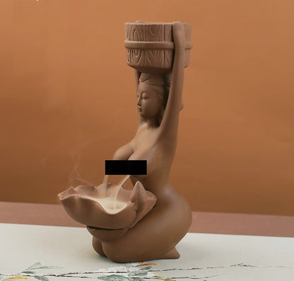 Chinese Zisha Backflow Incense Burner Statue Naked Beauty Girl Home Decor