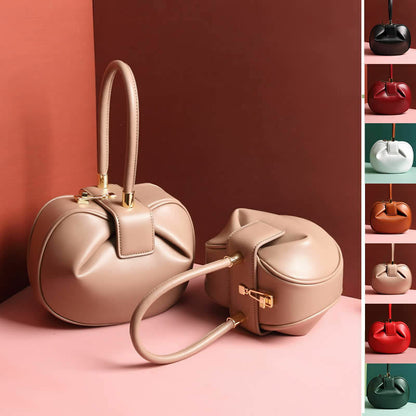 Real Leather Wonton Round Pouch Clutch Purse Top Handle Tote Handbag Grab Bag