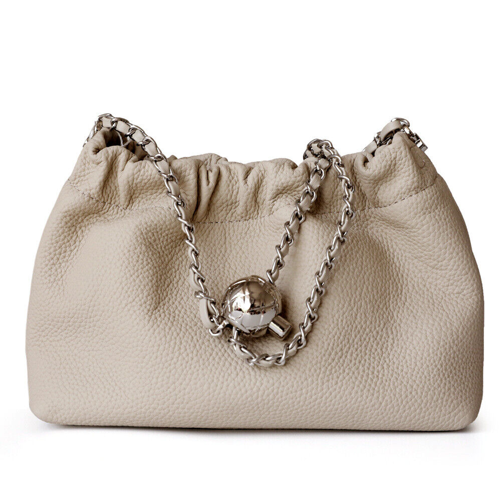 Small Mini Ruched Real Leather Clutch Pouch Purse Shoulder Bag w/ Chain Fashion