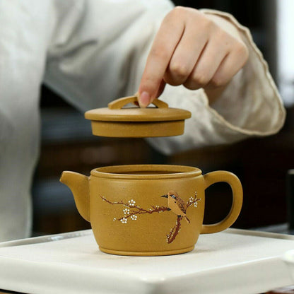 Marked Yixing Zisha Duan Clay Tea Pot Handmade Bird Embossed Chinese Teapot