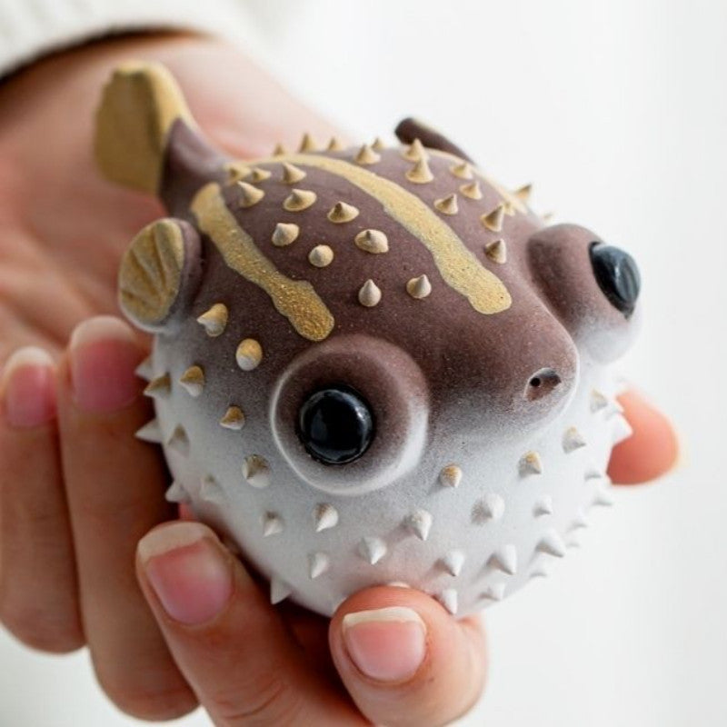 2.7" Purple Clay Tea Pet Puffer Fish Car Ornament Pure Handmade Statue for Tea