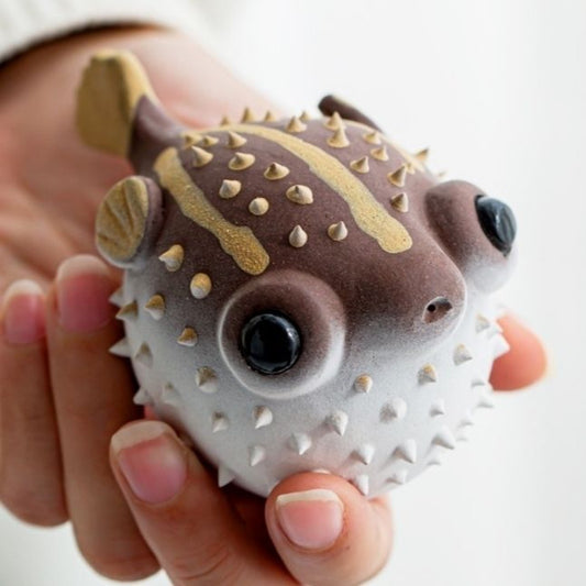 2.7" Purple Clay Tea Pet Puffer Fish Car Ornament Pure Handmade Statue for Tea