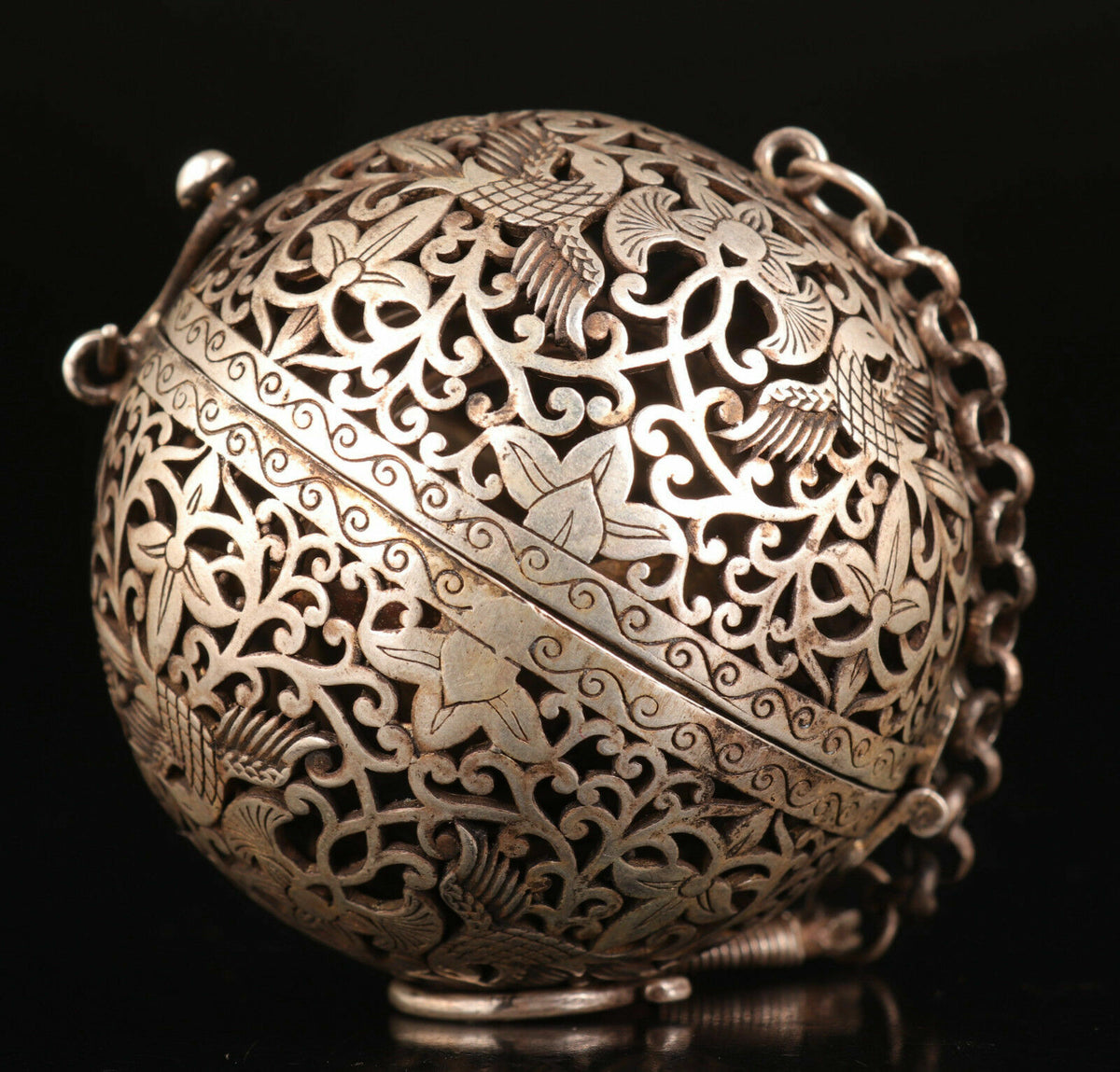 Chinese Retro Copper Incense Burner Silver Plated Incense Ball Pendant