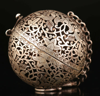 Chinese Retro Copper Incense Burner Silver Plated Incense Ball Pendant