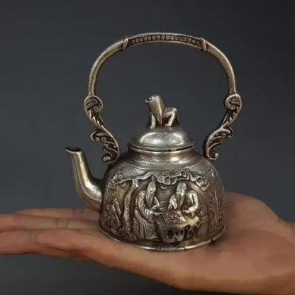 Chinese Miao Silver Carving Old Man Play Chess Animal Dog Statue Tea Wine Pot