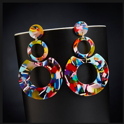 Large Multi Color Acrylic Circle Earrings Rainbow Fashion Cute Stylish Dangle