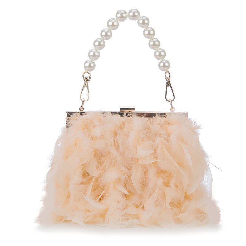 Luxury Real Feather Purse Handbag Clutch Shoulder Bags Pearl Chain 20*5*18 CM