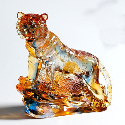 Chinese Liu Li Crystal Tiger Statue Zodiac Figurine Feng Shui Decor