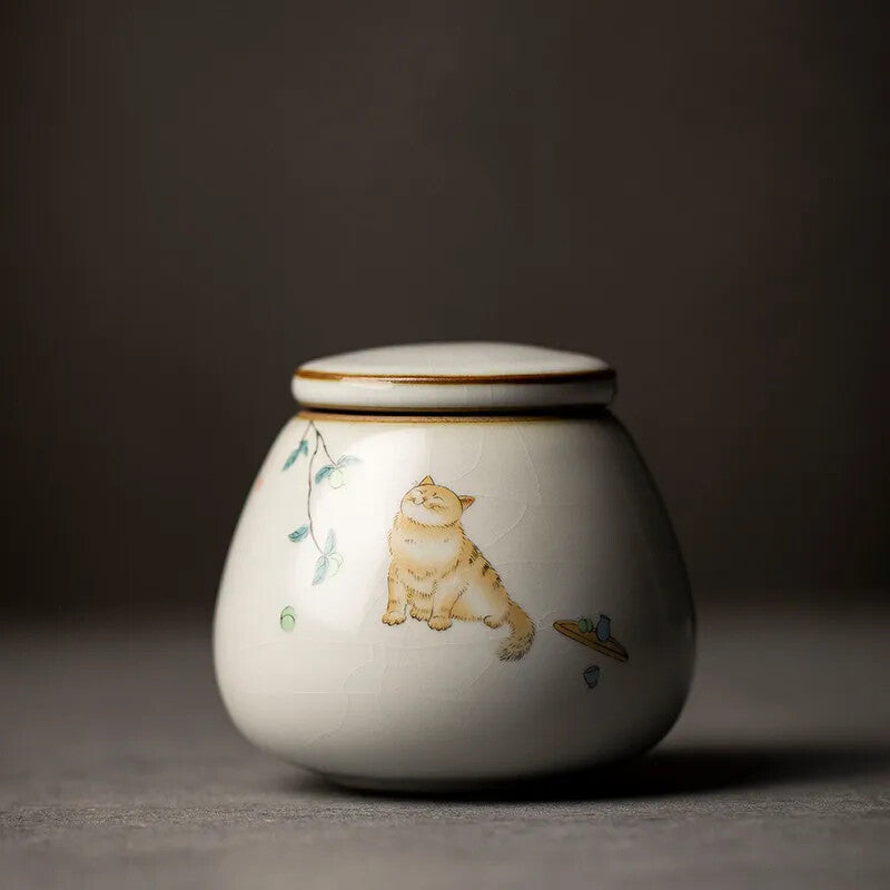 1pc Retro Ru Kiln Ceramics Tea Caddy Cute Cat Pattern Portable Sealed Containers