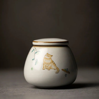 1pc Retro Ru Kiln Ceramics Tea Caddy Cute Cat Pattern Portable Sealed Containers
