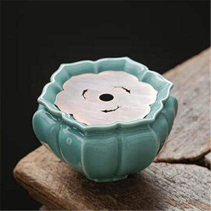 Porcelain Holder For Tea Pot Water Reservoir Pot Mat Lotus Design Copper Filter