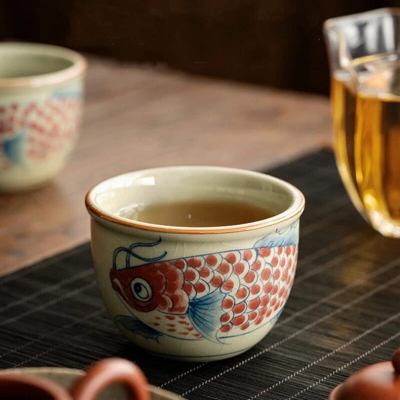 Chinese Hand Painted Fish Antique Water Cups Ceramic Opening Beautiful Tea Cup