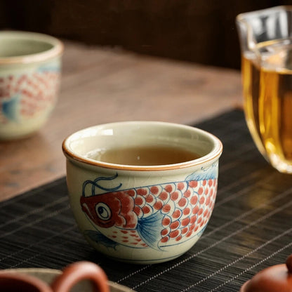 Chinese Hand Painted Fish Antique Water Cups Ceramic Opening Beautiful Tea Cup