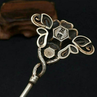 Antique Silver Plated Hairpin Inlaid Red Green Gemstone Vintage Chinese