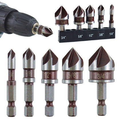 5-Flute Chamfer Drill Bits Set, Cobalt M35 HSS 82° with 1/4"-3/4" Sizes