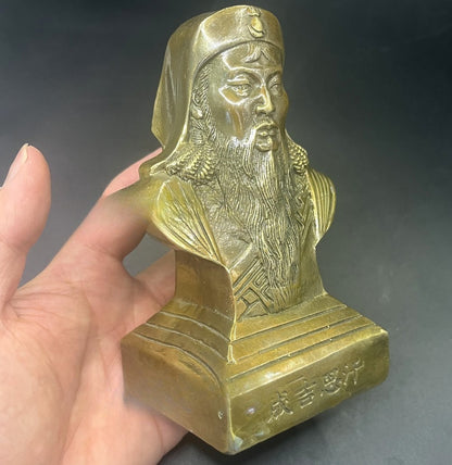5.1" Brass Genghis Khan Bust Statue Mongol King Table Home Decor Collect