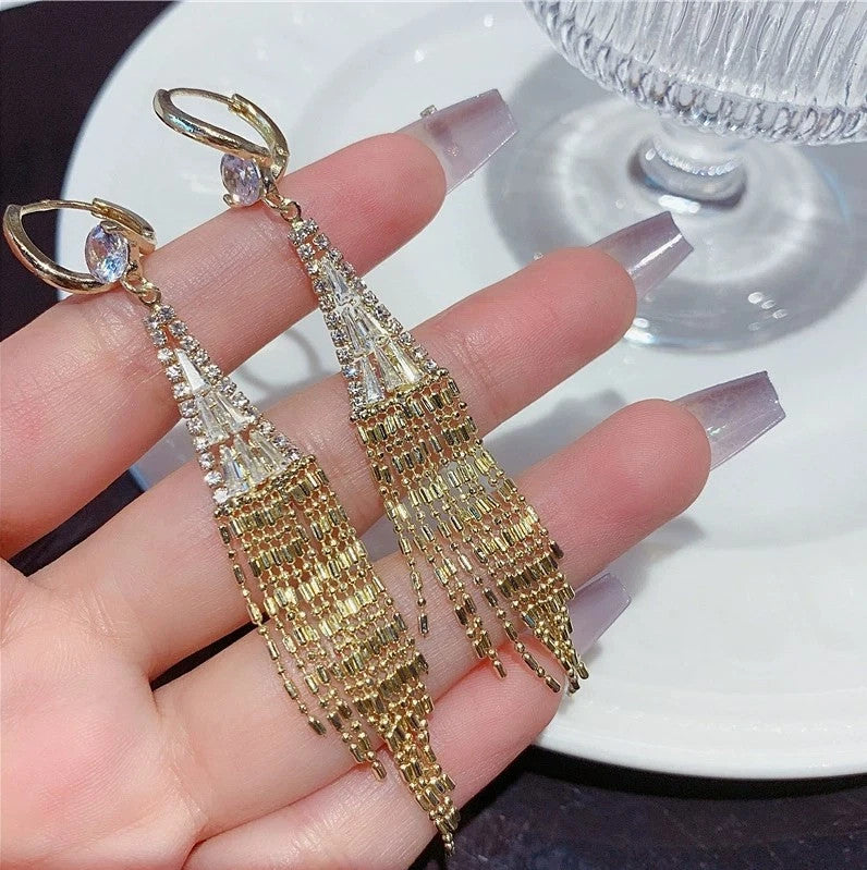 Glamorous Sparkling Tassel Dangle Earrings - Paved with Radiant Zirconia