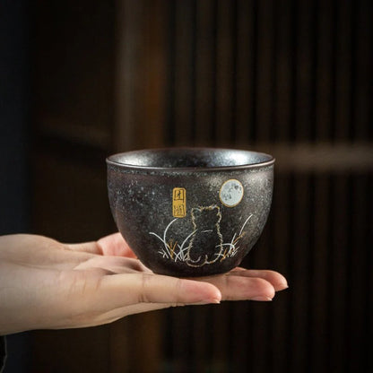 Lovely Cat Black Ceramic Tea Cup Asia Tea Cup for Tea Lover 140ml