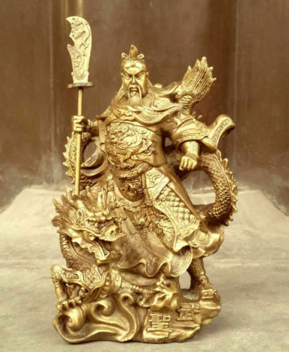 9 Chinese Bronze Brass Guangong Guan Gong Yu Warrior God on Dragon Wealth Statue