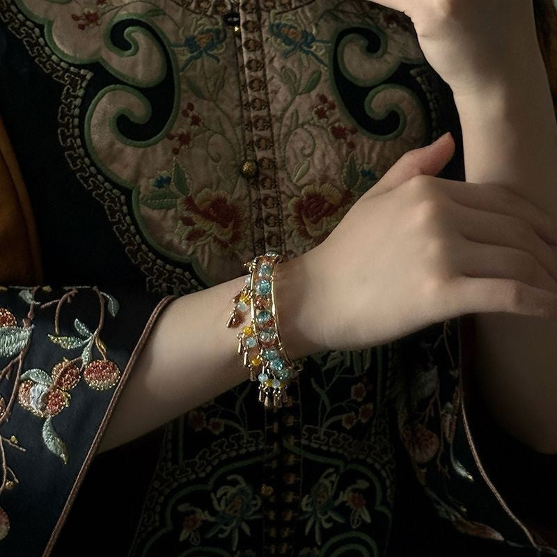 New Chinese Tassel Cuff Bracelet Boho Fairy Beaded Open Bangle Gold