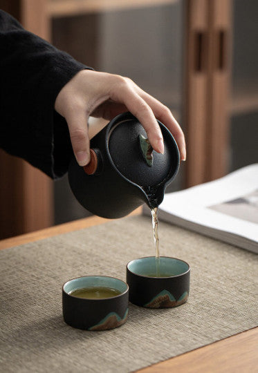 Ceramic Teapot with 2 Cups Handpainted Mountain Portable Travel Tea Set with Bag