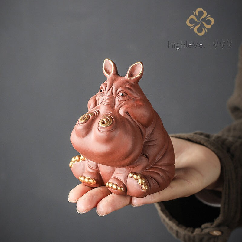 Chinese Yixing Zisha Pottery Fengshui hippo Animal Wealth Lucky tea pet Statue