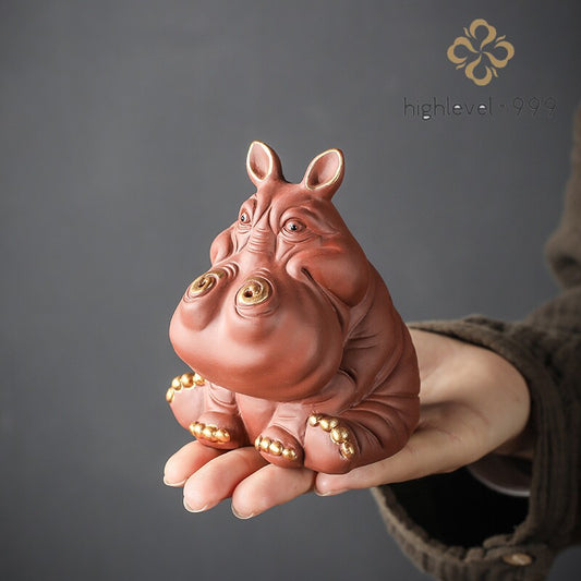 Chinese Yixing Zisha Pottery Fengshui hippo Animal Wealth Lucky tea pet Statue
