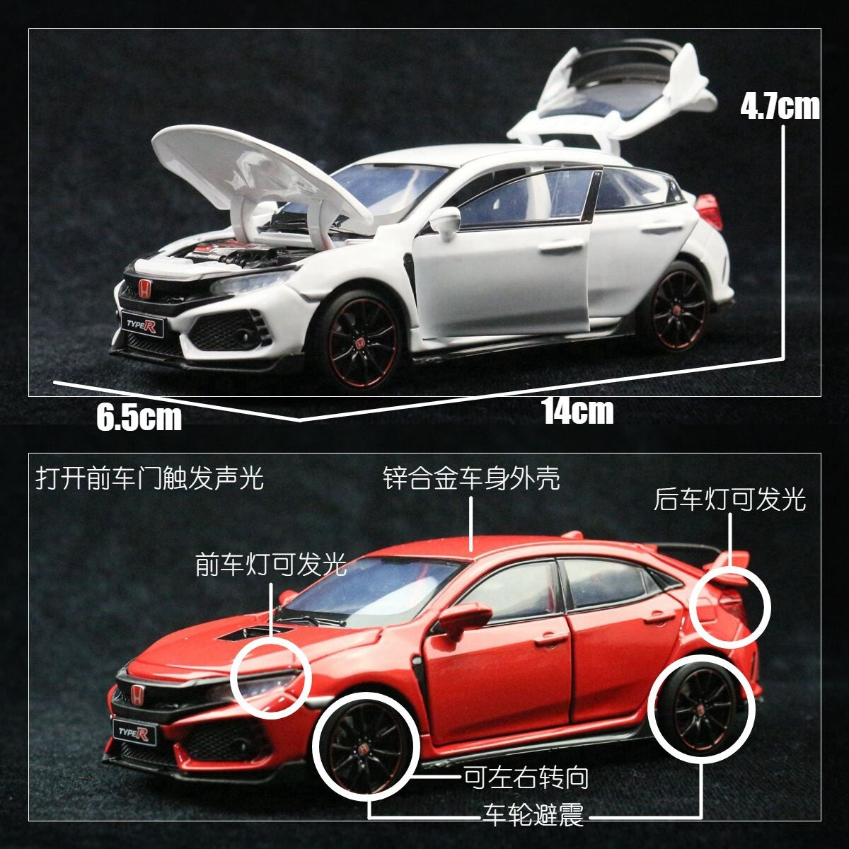 1:32 Diecast 2019 Honda Civic Type R Metal Car Model Toy Door Open Sound Light