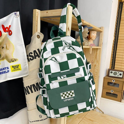 Backpack Waterproof Multi-Pocket Nylon Bookbag Plaid Schoolbag Laptop Travel Bag