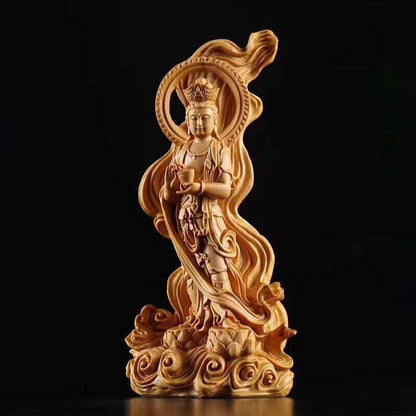 16cm Handcarved Cypress Wood Guanyin Bodhisattva Enshrine Buddha Statue Ornament