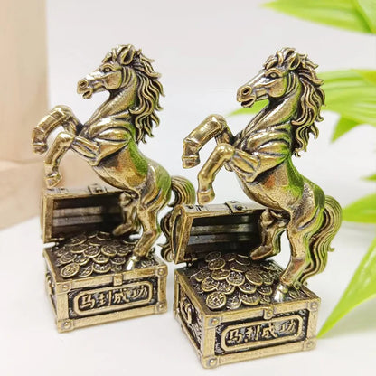 5.3cm Brass Handcarved Zodiac Horse Statue Tea Pet Feng Shui Wealth Ornament